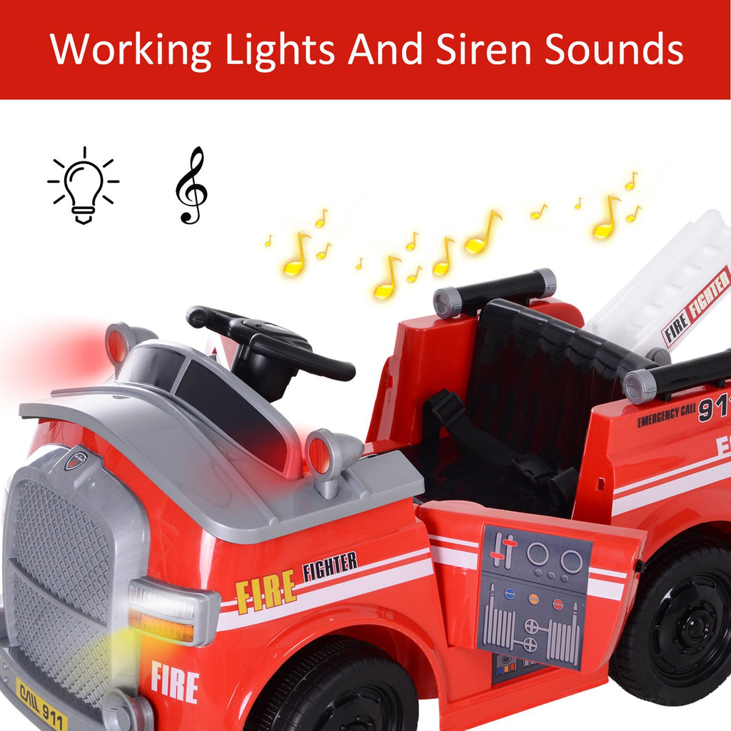 6V Electric Ride-On Fire Truck Vehicle for Kids with Remote Control Music Lights and Ladder