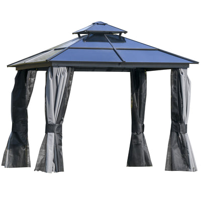 10x10 Hardtop Gazebo with Aluminum Frame, Polycarbonate Gazebo Canopy with Curtains, Netting for Garden, Patio, Backyard, Grey