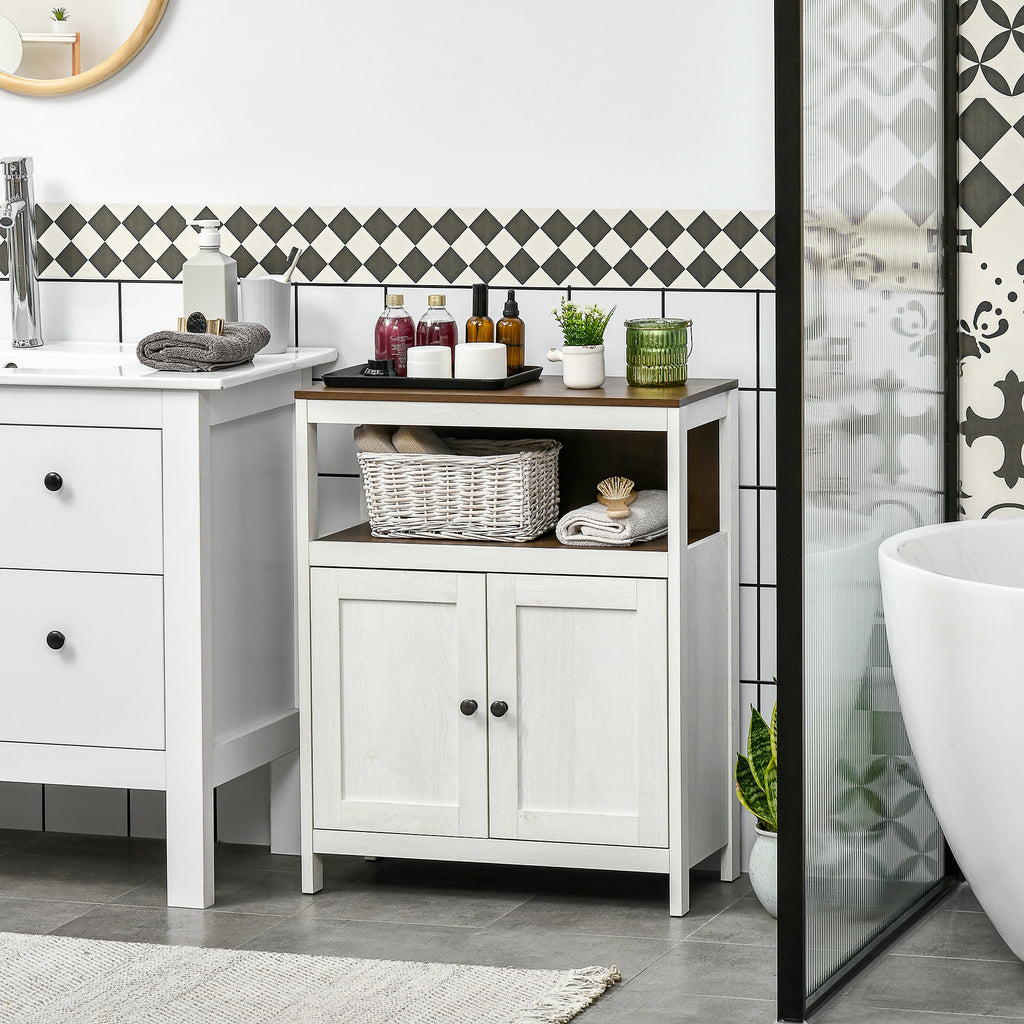 Modern Bathroom Storage Cabinet, Free Standing Bathroom Cabinet, Open Compartment and Cupboard with Adjustable Shelf, White and Walnut