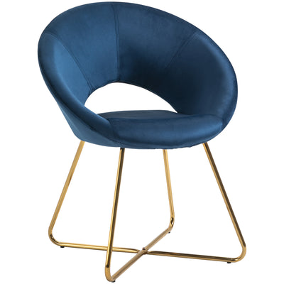 Modern Accent Velvet Chair Open Curved Mid-Back Upholstered Vanity Chair with Gold Plating Metal Legs for Living Room/Office/Reception, Blue