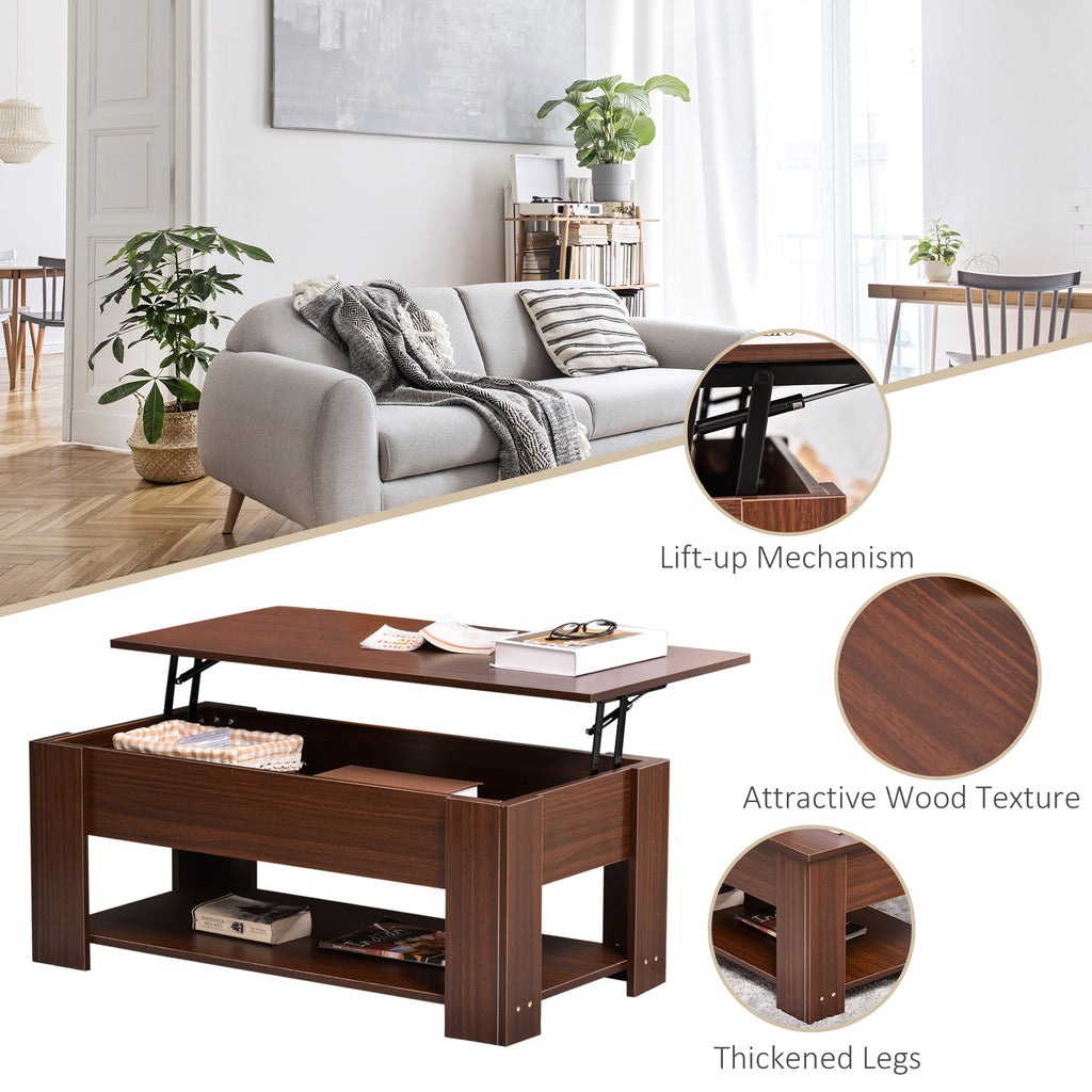 39" Lift Top Coffee Table with Hidden Storage Compartment and Open Shelf, Pop Up Coffee Table for Living Room, Brown