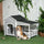 Wooden Dog House Outdoor with Porch, Cabin Style Raised Dog Shelter with Asphalt Roof, Doors and Shutter Window, for Medium Large Sized Dog, Light Gray