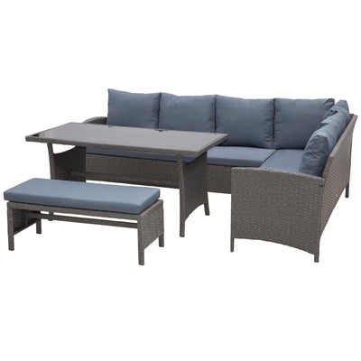 4 Pieces Patio Wicker Sofa Set, Outdoor PE Rattan Modern Furniture Set with Cushions & Dining Table, Bench for Garden, Backyard, Lawn, Grey