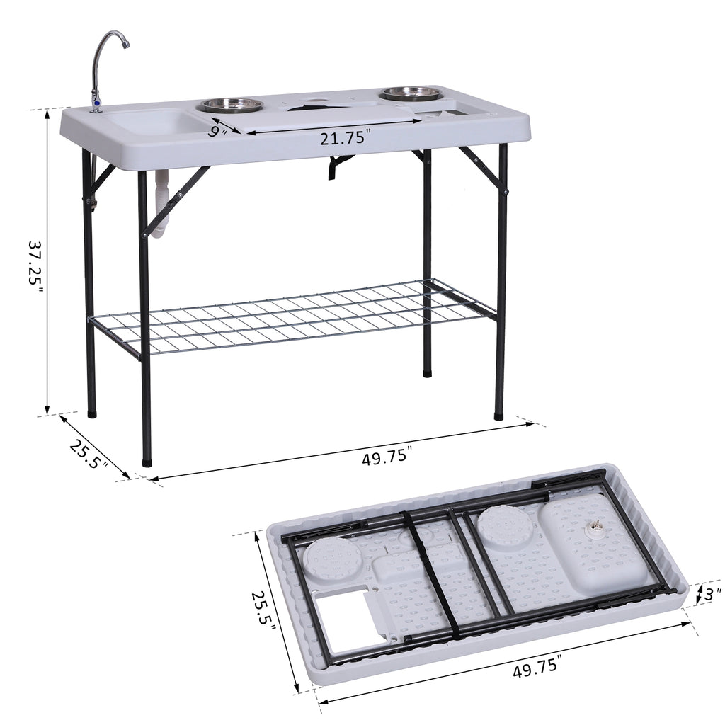 50" Portable Folding Camping Table with Sink, Faucet, Dual Stainless Steel Basins, and Accessories for Fish Cleaning