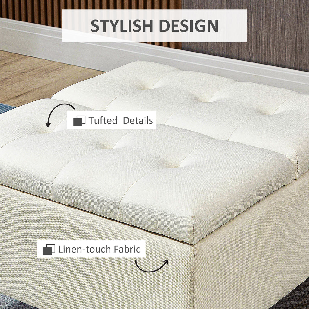 30" Storage Ottoman, Tufted Fabric Upholstered Square Coffee Table with Lift Top, Accent Footrest Footstool for Living Room, Cream White
