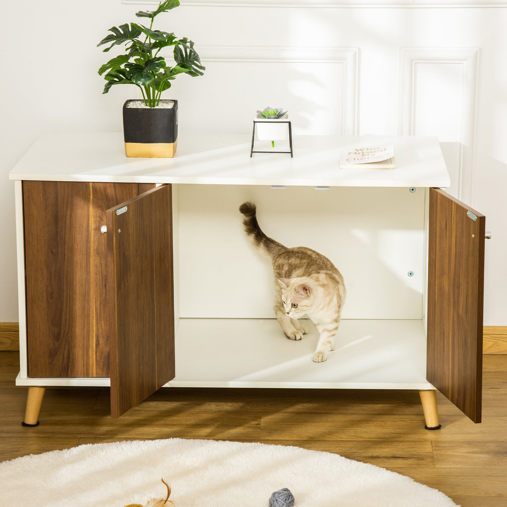 Cat Litter Box Enclosure Hidden Cat Furniture Cabinet Indoor Cat Washroom End Table with Adjustable Shelf Megnetic Door Cat Hole - White