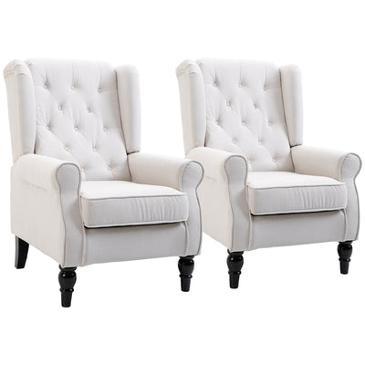 Button-Tufted Accent Chair with High Wingback, Rounded Cushioned Armrests and Thick Padded Seat, Set of 2, Cream White