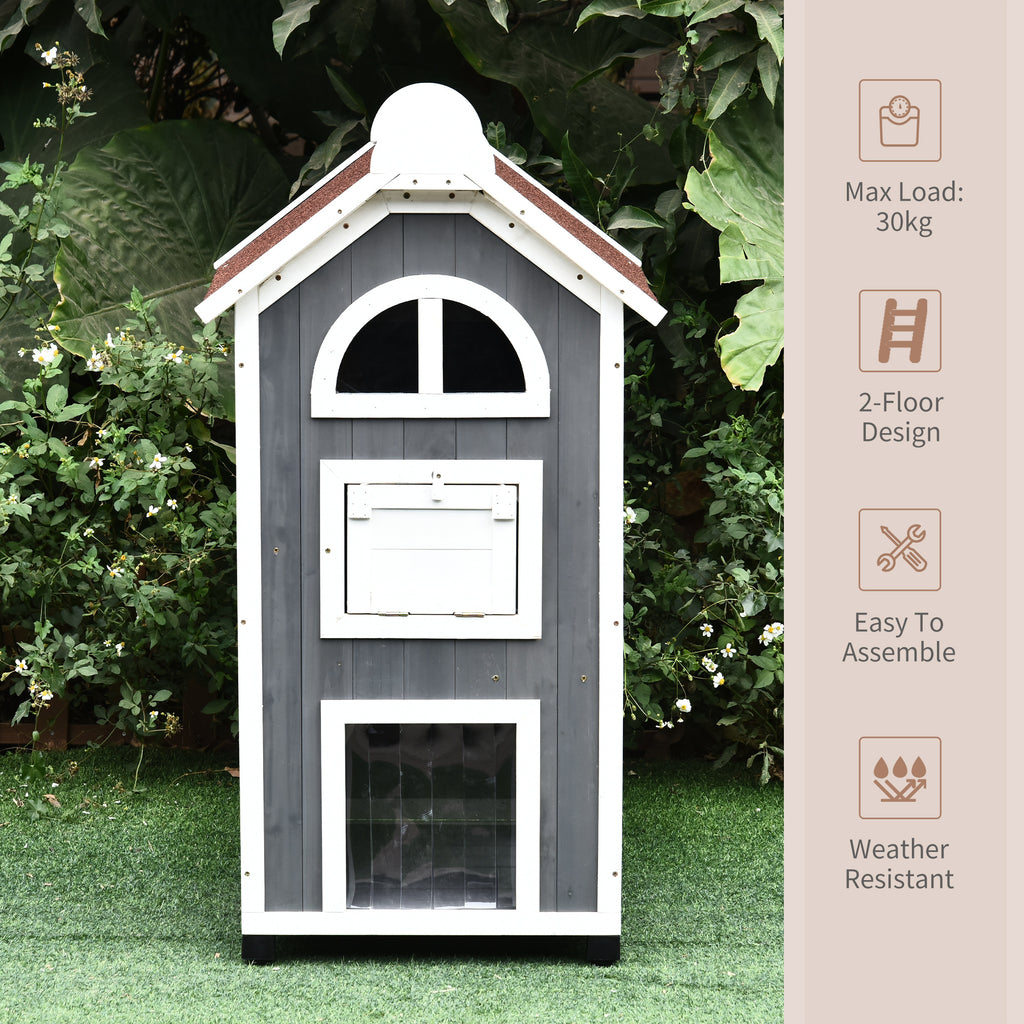 43"H Wooden Cat House Feral Cat Shelter Outdoor Kitten Condo 3-Floor Pet Habitat with Asphalt Roof, Escape Doors, Inside Stairs, Grey and White
