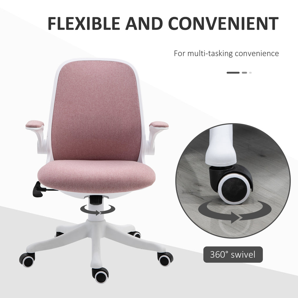 Linen-Touch Fabric Office Desk Chair Swivel Task Chair with Adjustable Lumbar Support, Height and Flip-up Padded Arms, Pink