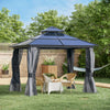 10x10 Hardtop Gazebo with Aluminum Frame, Polycarbonate Gazebo Canopy with Curtains, Netting for Garden, Patio, Backyard, Grey