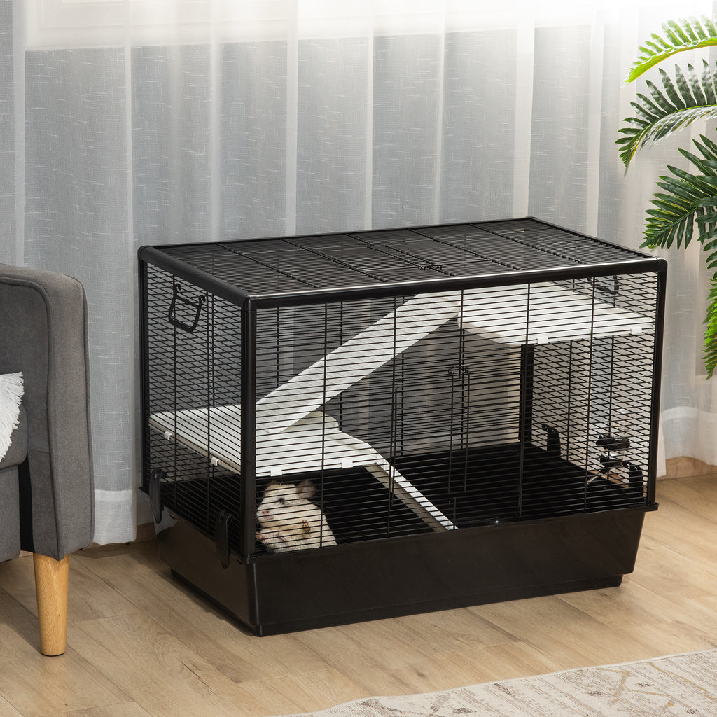 Small Animal Cage Habitat Pet Play House for Guinea Pigs Hamsters, With Water Bottle, Balcony, Ramp, Food Dish, 31.5"x19"x 22.75", Black