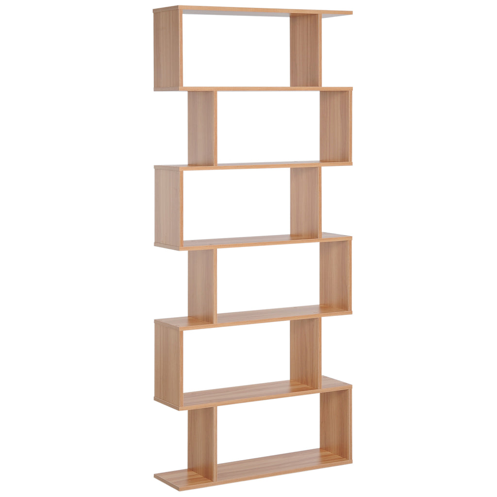 75.5" H Bookcase 6 Shelf S-Shaped Bookshelf Wooden Storage Display Stand Shelf Organizer Free Standing, Oak