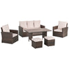 6 PCS Patio Dining Set All Weather Rattan Wicker Furniture Set with Wood Grain Top Table and Soft Cushions, Beige