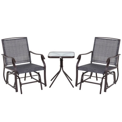 3 Pcs Outdoor Gliders Set Bistro Set with Glass Top Table for Patio, Garden, Backyard, Lawn, Grey