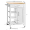 White Kitchen Cart, Rolling Kitchen Island Cart on Wheels with Handle, Rubber Wood Tabletop , Serving Utility Trolley Cart