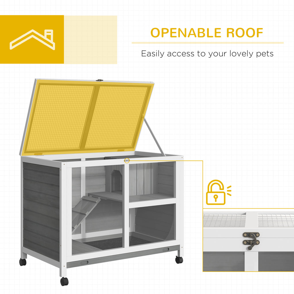 Rabbit Hutch Indoor, 2-Story Bunny Hutch, Wooden Guinea Pig Cage, with No Leak Tray, Universal Casters, Lockable Doors, Run Area, Ramp, Gray