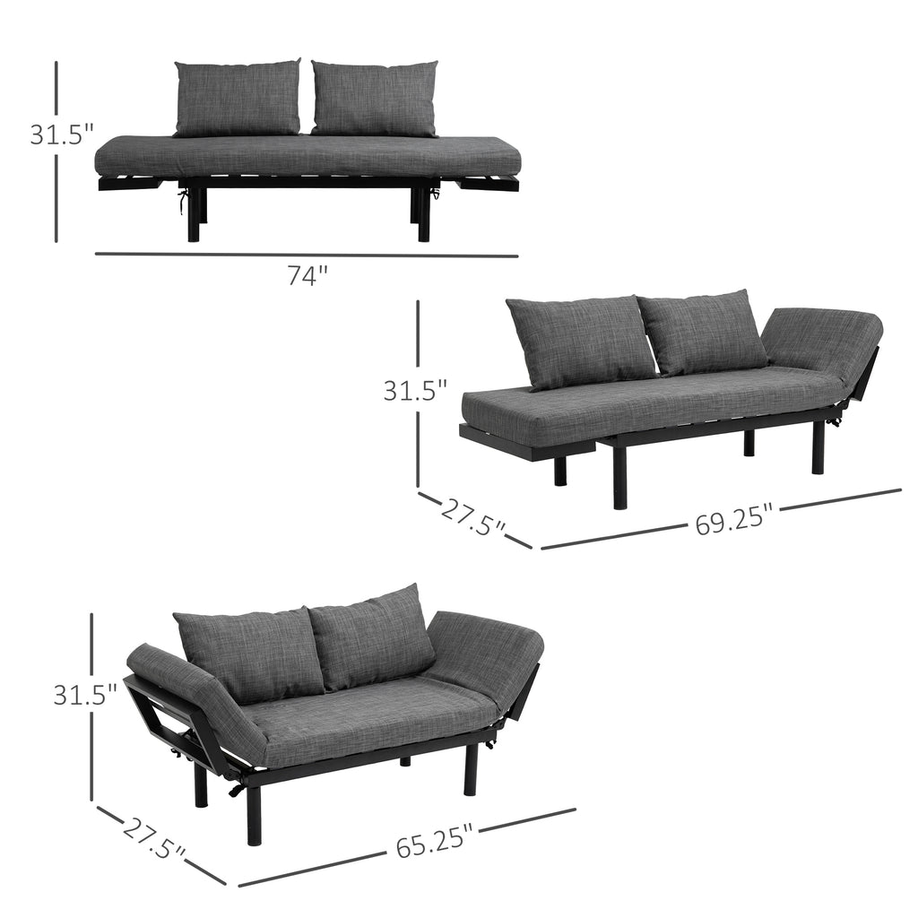 Single Person Chaise Lounger, Modern Sofa Bed with 5 Adjustable Positions, 2 Large Pillows, and Black Legs, Grey