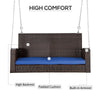 2-Person Wicker Hanging Porch Swing Bench, Front Porch Swing Outdoor Chair with Cushions 550lbs Weight Capacity for Backyard, Dark Blue