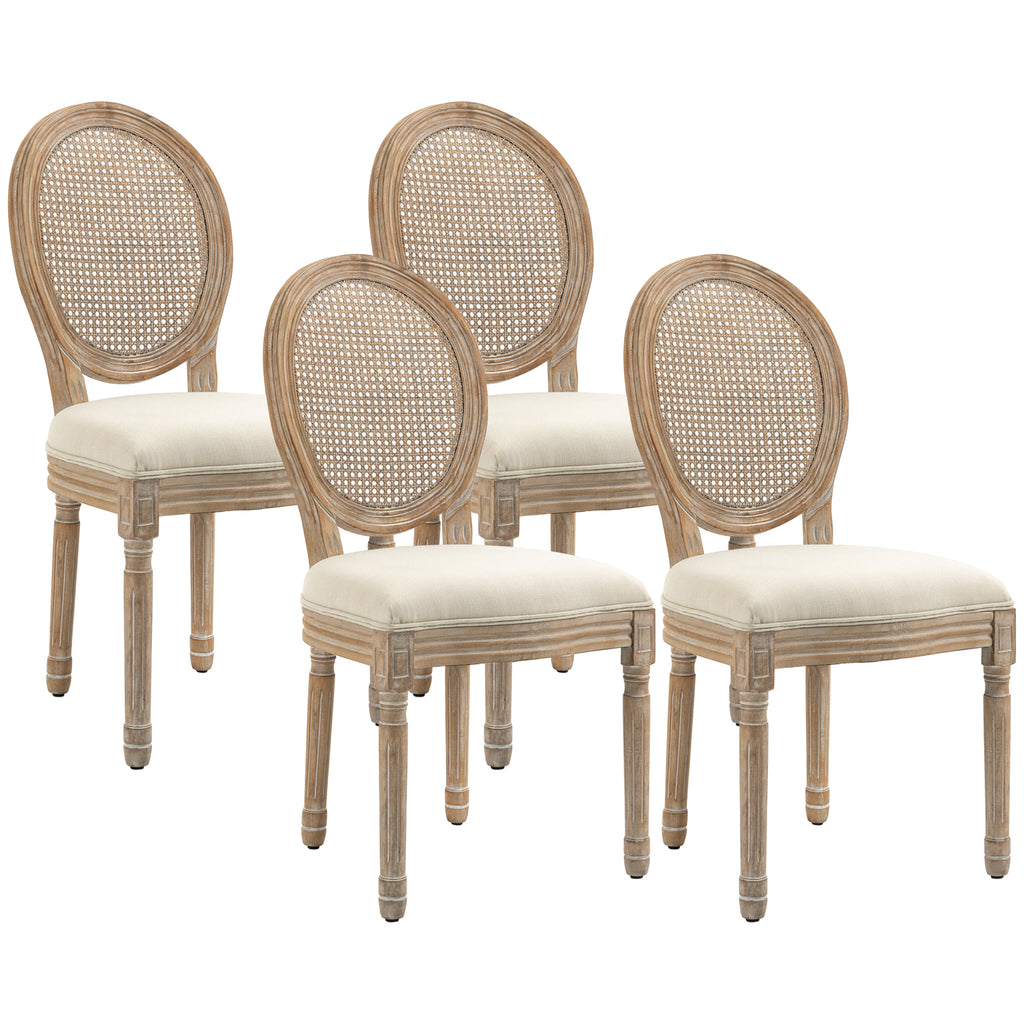 French-Style Upholstered Dining Chair Set, Armless Accent Side Chairs with Rattan Backrest and Linen-Touch Upholstery, Set of 4, Cream White