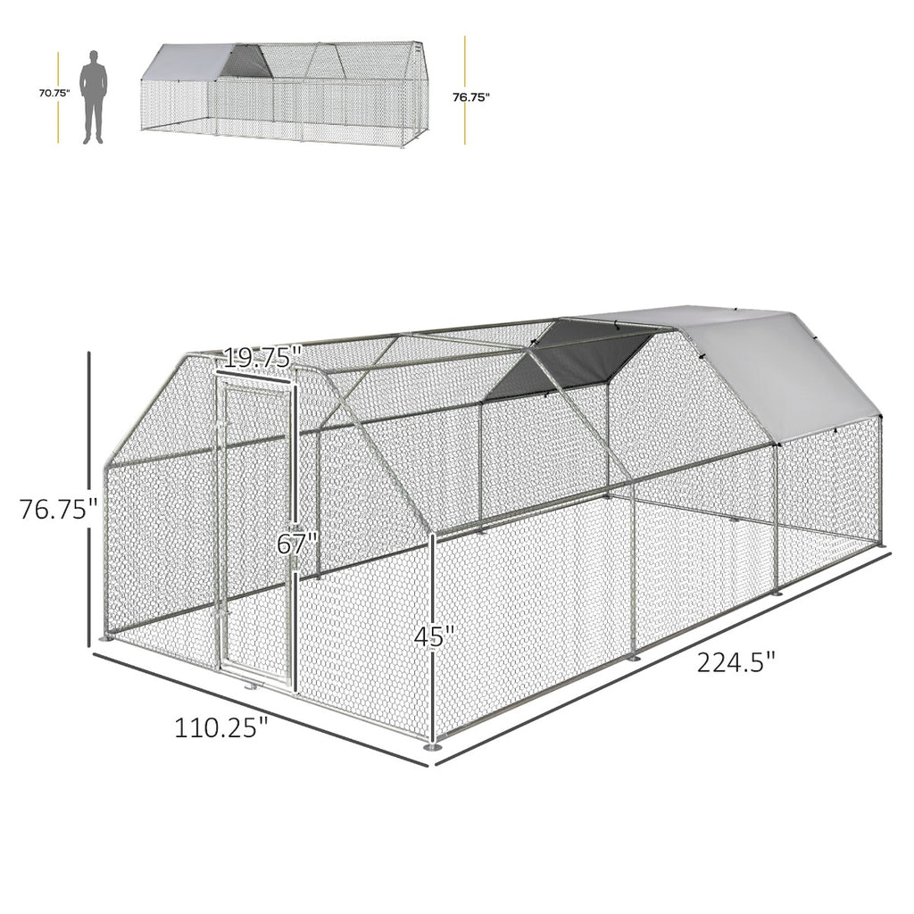 18.5' Chicken Coop Galvanized Metal Hen House Large Rabbit Hutch Poultry Cage Pen Backyard with Cover, Walk-In Pen Run