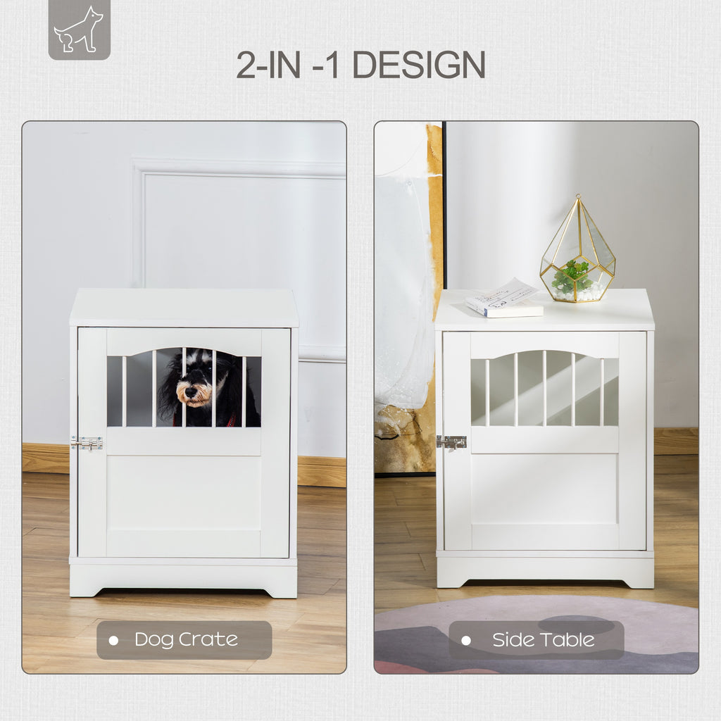 Furniture Stylish Dog Kennel, Wooden & Wire End Table with Cushion & Lockable Door, Miniature Size Pet Crate Indoor Puppy Cage, White