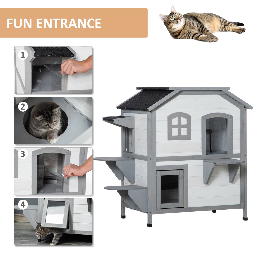 Wooden 2-Story Outdoor Cat House, Feral Cat Shelter Kitten Condo with Escape Door, Openable Asphalt Roof and 4 Platforms, White