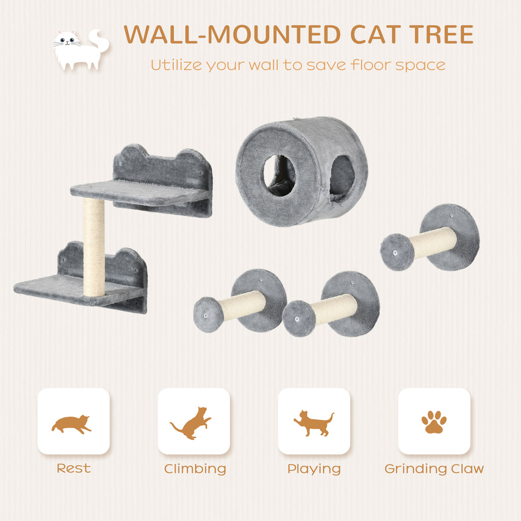 5PCs Cat Wall Shelves, Pet Wall-mounted Climbing Shelf Set, Kitten Activity Center with Cushion, Scratching Post, Jumping Platform, Brown