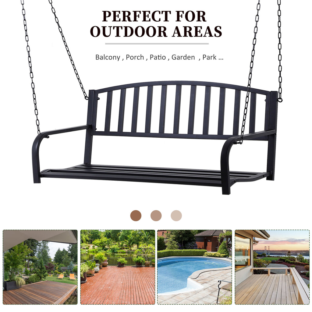 2 Person Front Hanging Porch Swing Bench, Outdoor Steel Swing Chair with Sturdy Chains, for Backyard, Deck, 484 lb Weight Capacity, Black