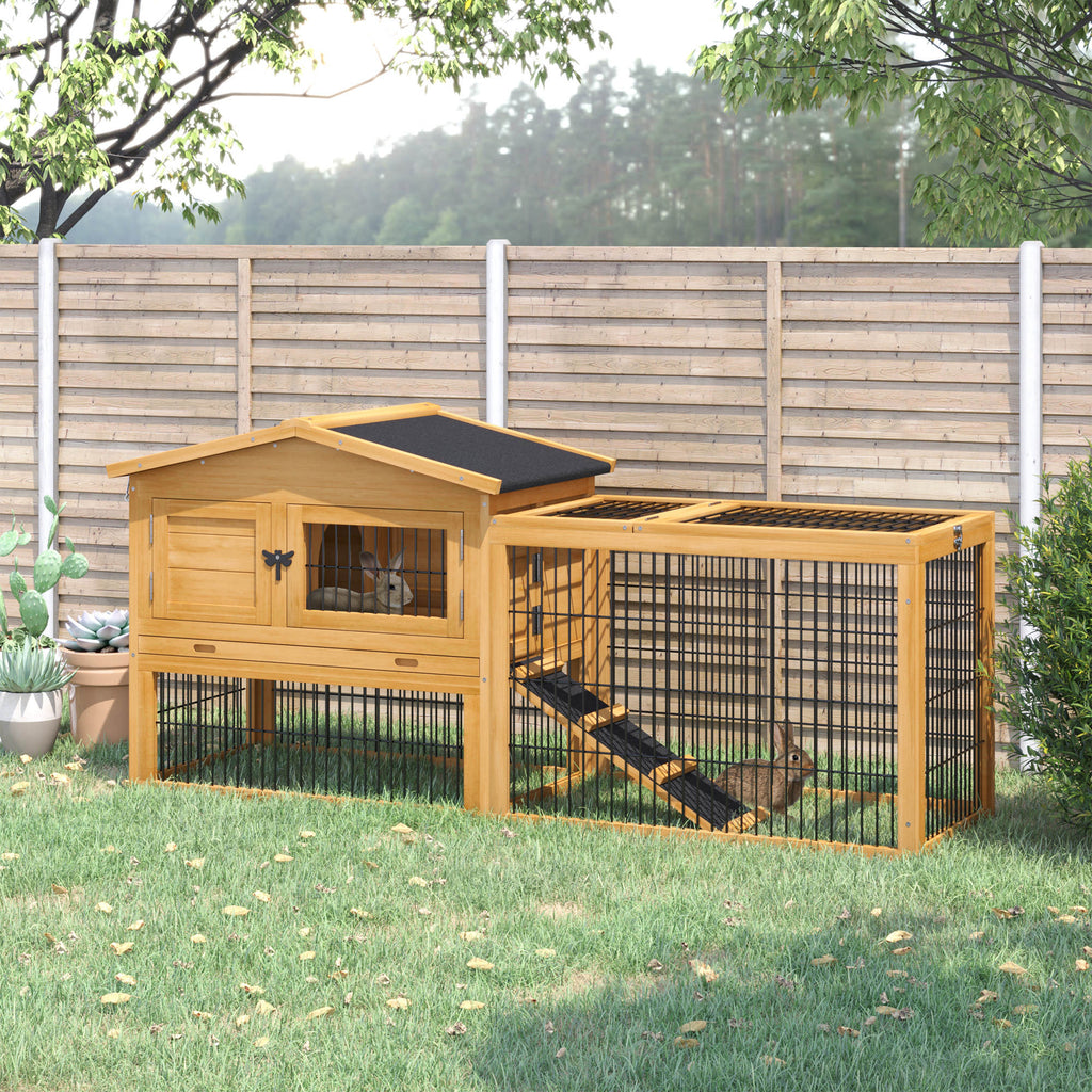 2 Levels Wooden Rabbit Hutch Bunny Hutch House Guinea Pig Cage with Run Space, Removable Tray, Ramp and Waterproof Roof for Outdoor, Yellow