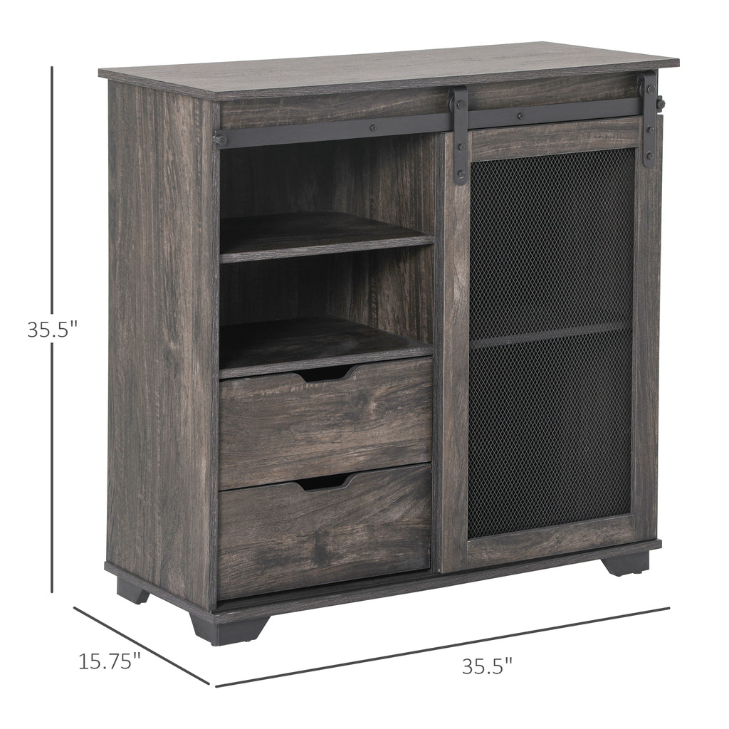Industrial Sideboard, Freestanding Coffee Bar Cabinet, Buffet Cabinet with 2 Drawers, 2 Shelves & Metal Mesh Door, Dark Brown/Black