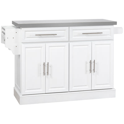 White Rolling Kitchen Island with Storage, Portable Kitchen Cart with Stainless Steel Top, 2 Drawers, Spice, Knife and Towel Rack