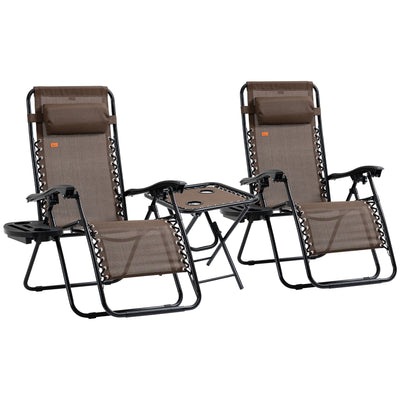 Zero Gravity Lounger Chair Set of 3, Folding Reclining Patio Chair with Side Table, Cup Holder and Headrest for Poolside, Camping, Brown