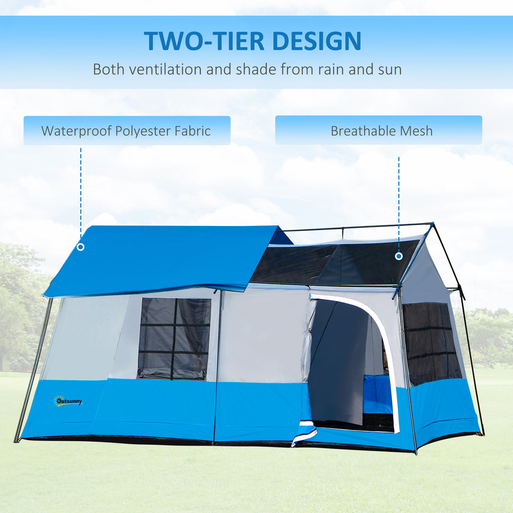 Blue 8-10 Man Camping Tent with Weatherproof Rain Cover, Double Layer Backpacking Family Shelter with Mesh Windows, Zipper Door