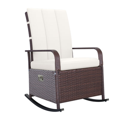 Outdoor Rattan Wicker Rocking Chair Patio Recliner with Soft Cushion, Adjustable Footrest, Max. 135 Degree Backrest, Cream