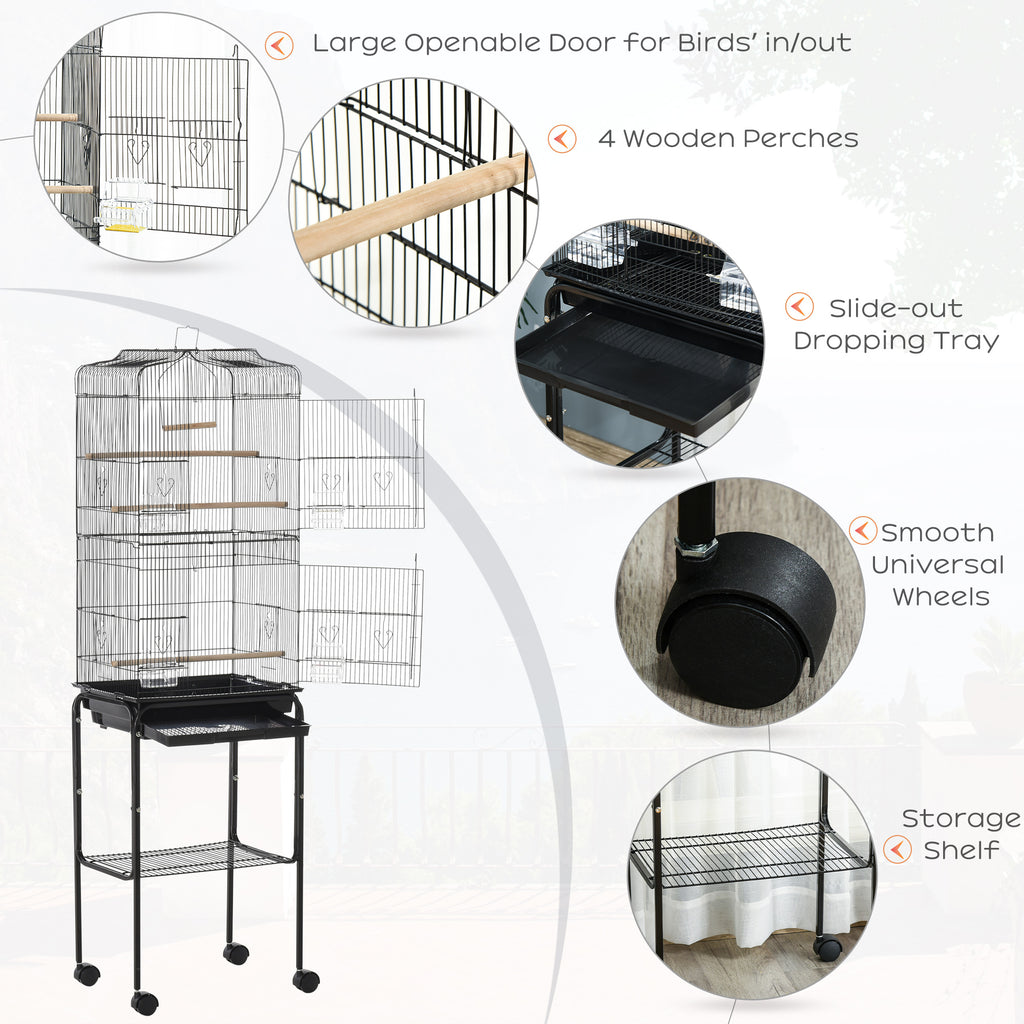 62" Metal Indoor Bird Cage Starter Kit With Detachable Rolling Stand, Storage Basket, And Accessories, Black