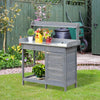 Potting Bench Table with Storage Cabinet and Open Shelf, Garden Planting Workstation with Steel Tabletop, Grey