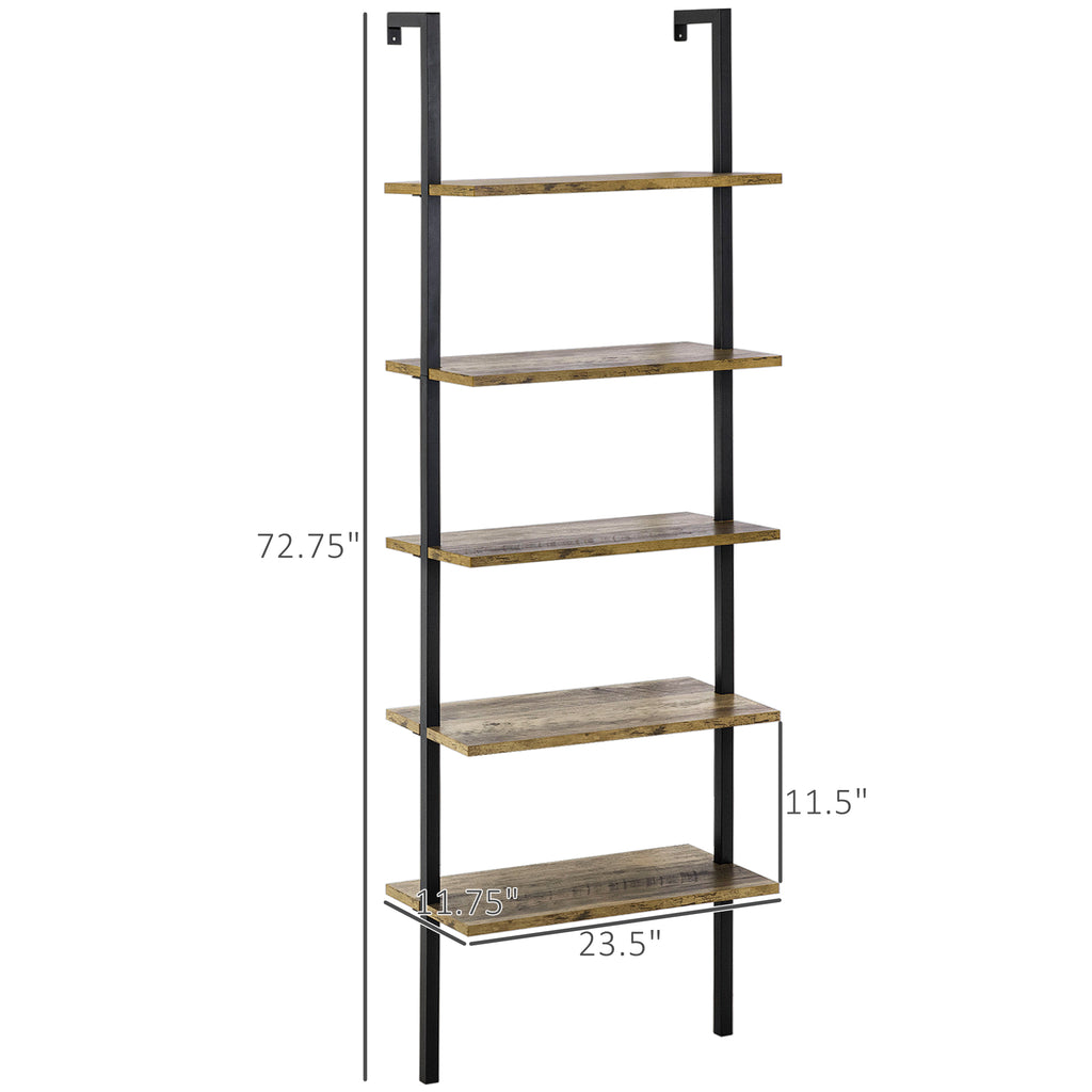 Industrial 5 Tier Ladder Shelf, Wall Mount Storage Shelves Bookcase with Metal Frame, Corner Unit, Plant Flower Rack for Balcony, Brown
