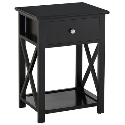 X Frame Design Wood End Table / Nightstand with Storage Drawer - Black