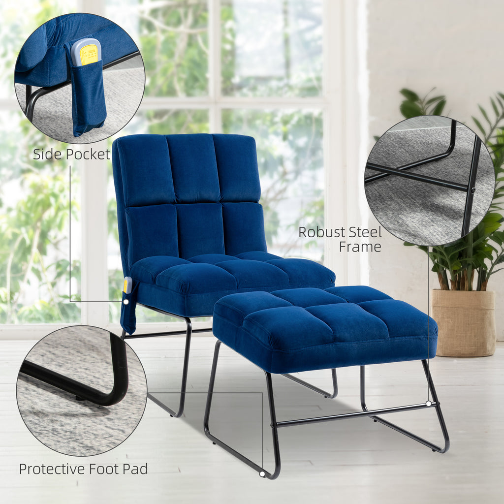 Accent Chair with Ottoman, Velvet Club Chair with Vibration Massage, Remote Control and Metal Legs for Living Room, Blue