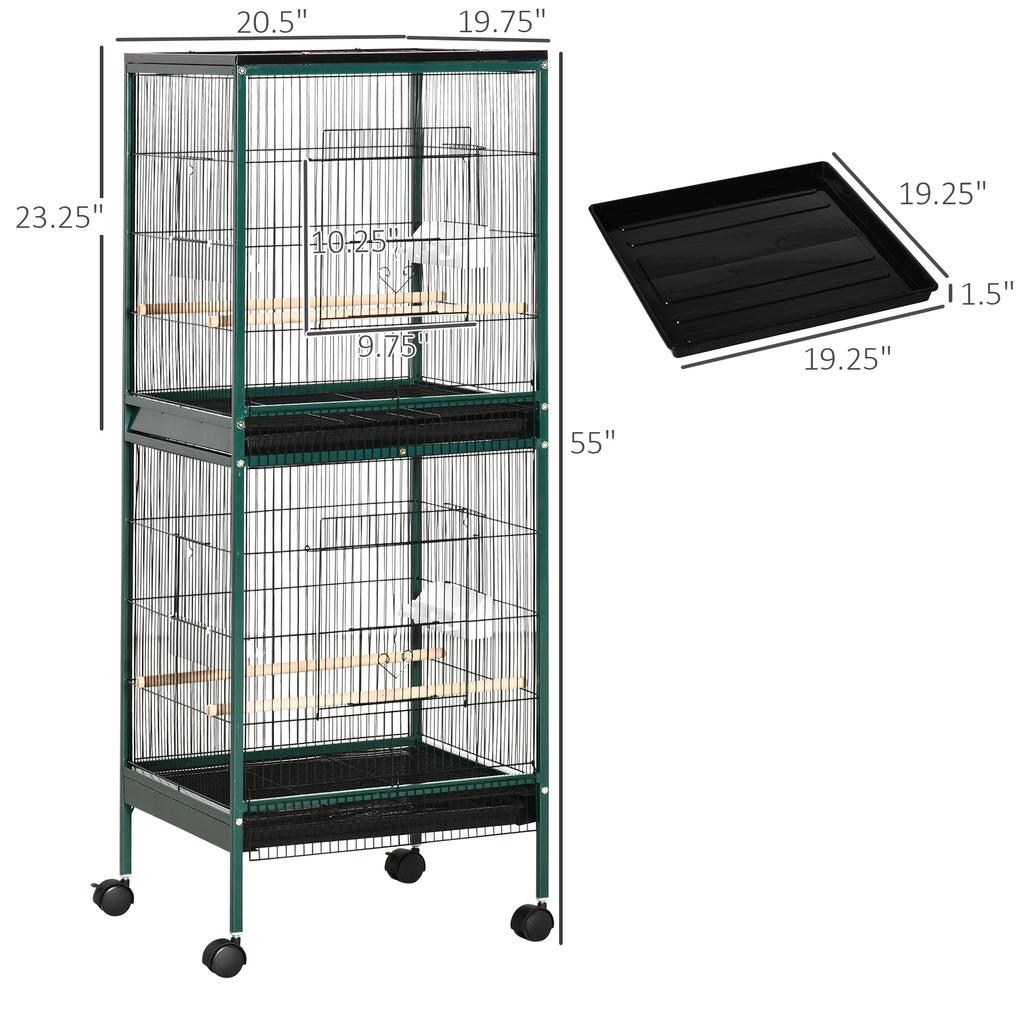 55" 2 In 1 Bird Cage Aviary Parakeet House for finches, budgies with Wheels, Slide-out Trays, Wood Perch, Food Containers, Green