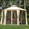 13' x 13' Party Tent 2 Tier Outdoor Hexagon Patio Canopy, Mesh Nettings, Curtains, Double Vented Roof Gazebo, UV and Water Protection, Beige
