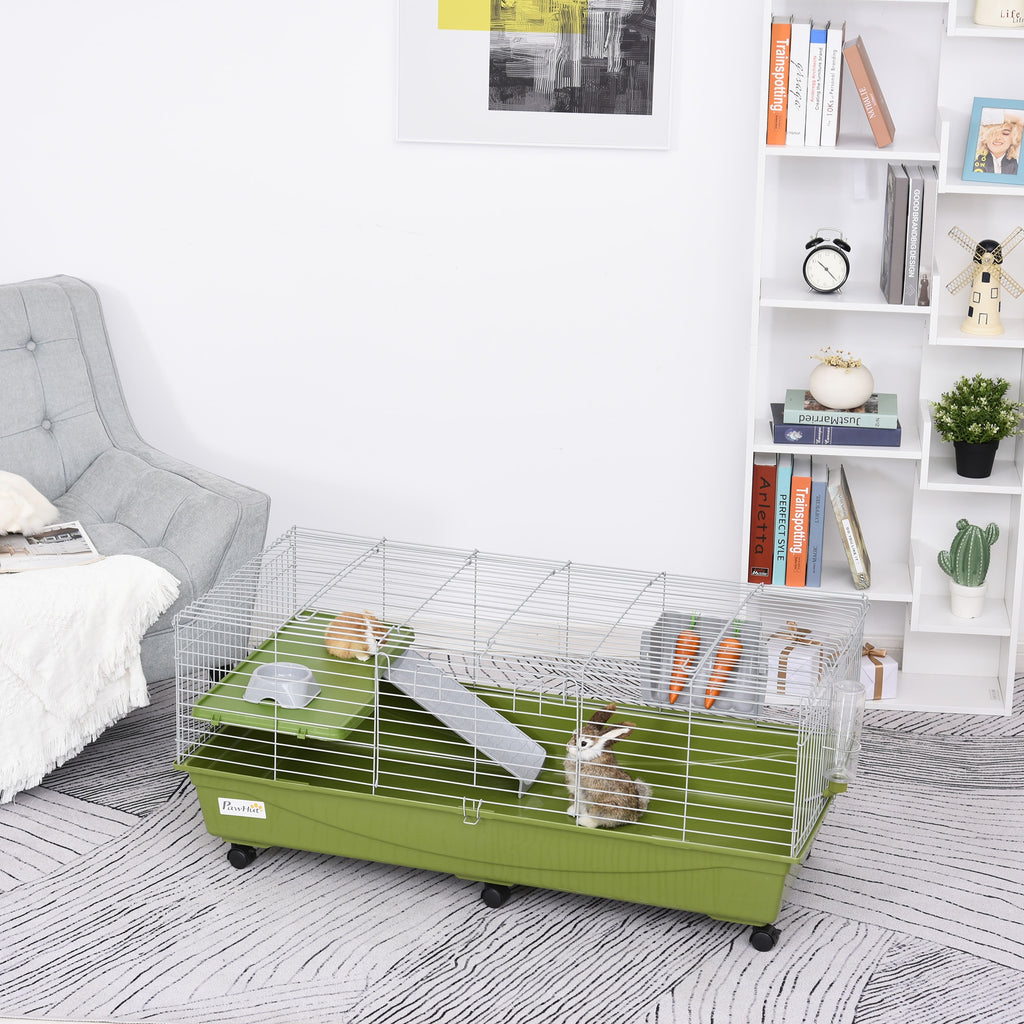 47" Small Animal Cage Chinchilla Guinea Pig Hutch Ferret Pet House with Platform Ramp, Food Dish, Wheels, & Water Bottle