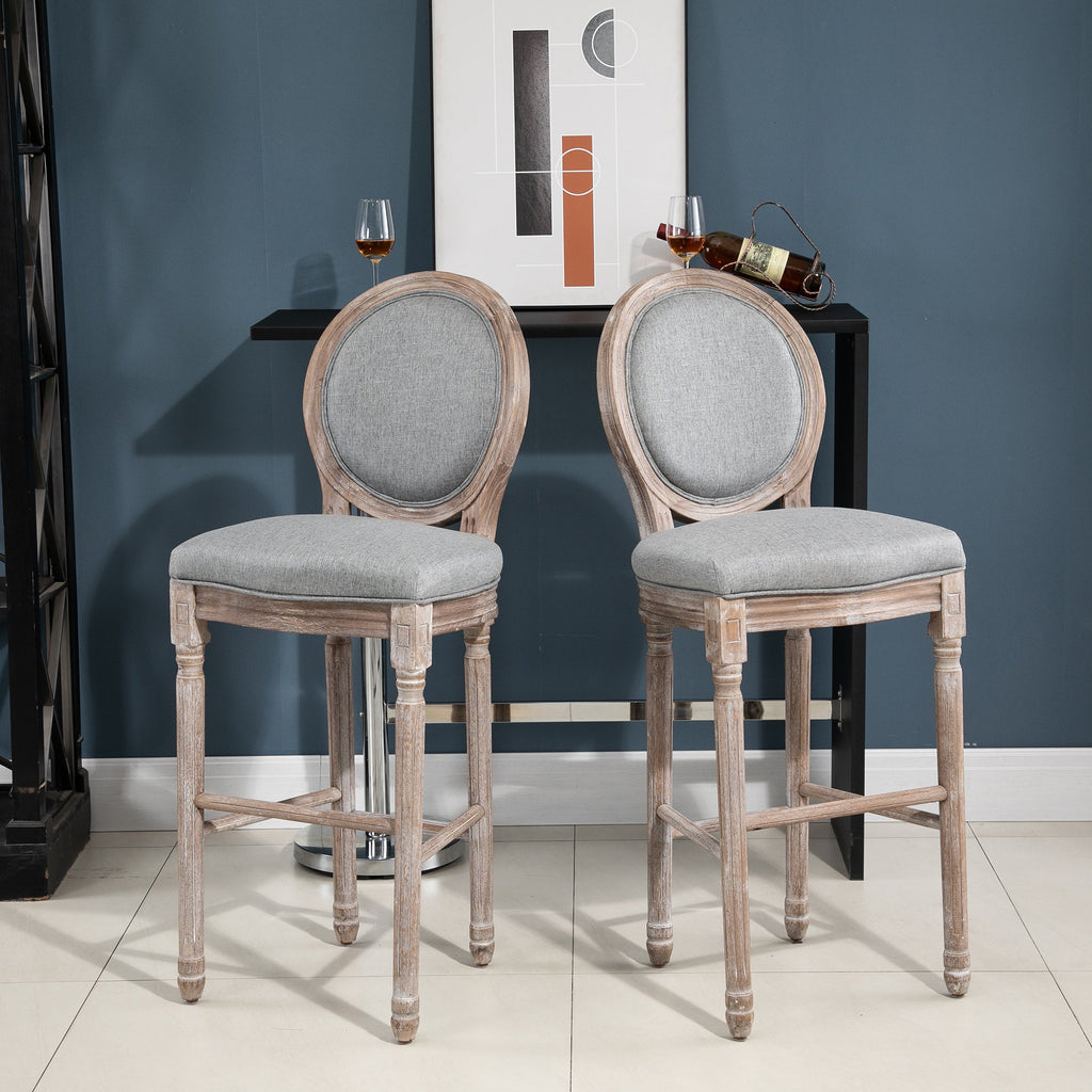 Vintage Bar Stools Set of 2, Wood Barstools Accent Chairs with Soft Linen Cushions & Footrest, 29.5" Seat Height, Grey