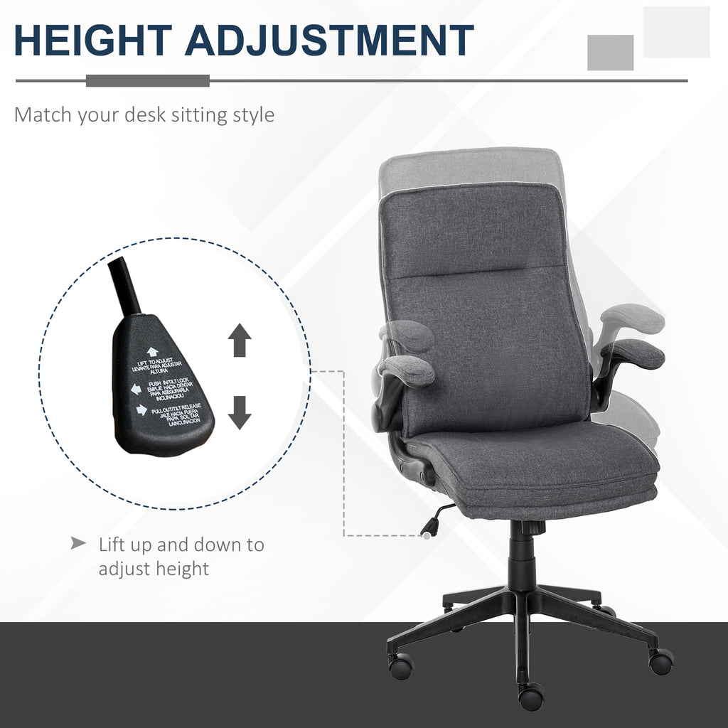 Office Chair Linen Swivel Computer Desk Chair Home Study Rocker with Flip-Up Armrest Wheels Grey