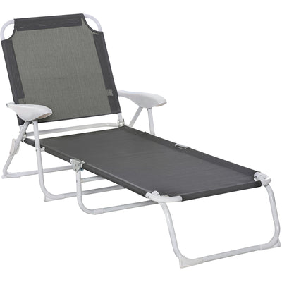 Folding Chaise Lounge, 4-Position Adjustable Lounge Chair with Armrests for Lawn, Patio, Beach, Deck, Dark Gray