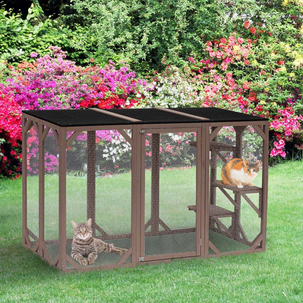 Large Wooden Outdoor Cat Enclosure Catio Cage With 3 Platforms 71" x 32" x 44"