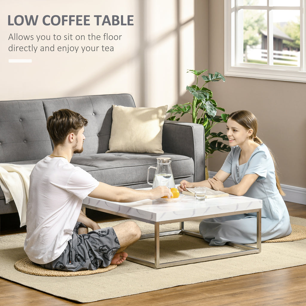 Square Coffee Table with Faux Marble Tabletop, Modern Sofa Side Table with Stainless Steel Frame for Living Room, White
