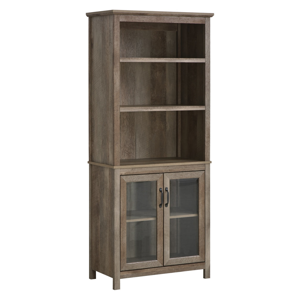 71" Bookcase Storage Hutch Cabinet with Adjustable Shelves and Glass Doors for Home Office, Kitchen, Living Room, Natural Wood