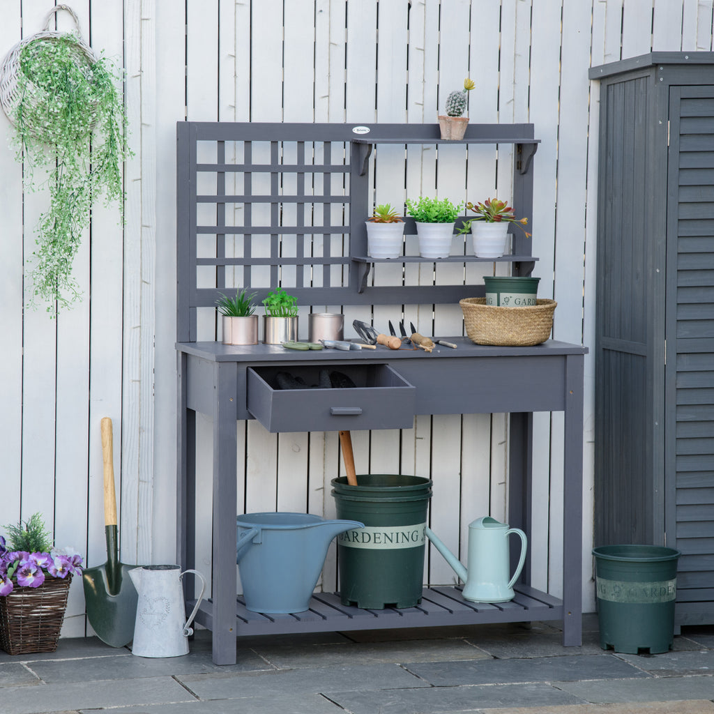 Potting Bench Table, Garden Work Bench, Outdoor Wooden Workstation with Tiers of Shelves and Drawer for Patio, Courtyards, Balcony, Grey