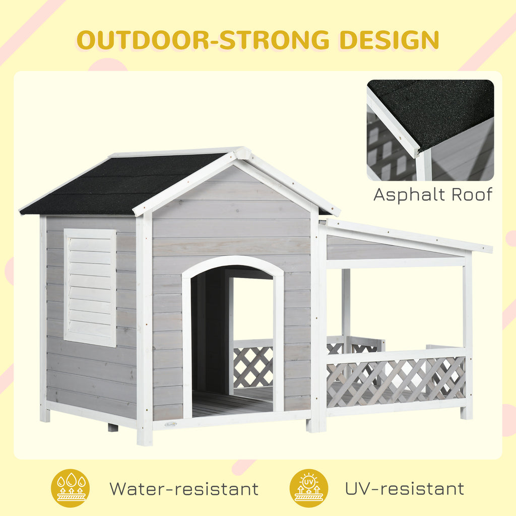 Wooden Dog House Outdoor with Porch, Cabin Style Raised Dog Shelter with Asphalt Roof, Doors and Shutter Window, for Medium Large Sized Dog, Light Gray